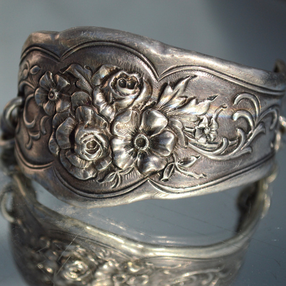 Antique Obsessions Jewelry - Antique Floral Cuff Bracelet Sterling Silver Chain